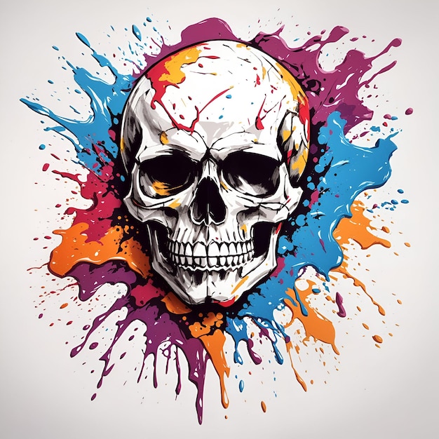 A skull with colorful splashes on white background for tshirt design