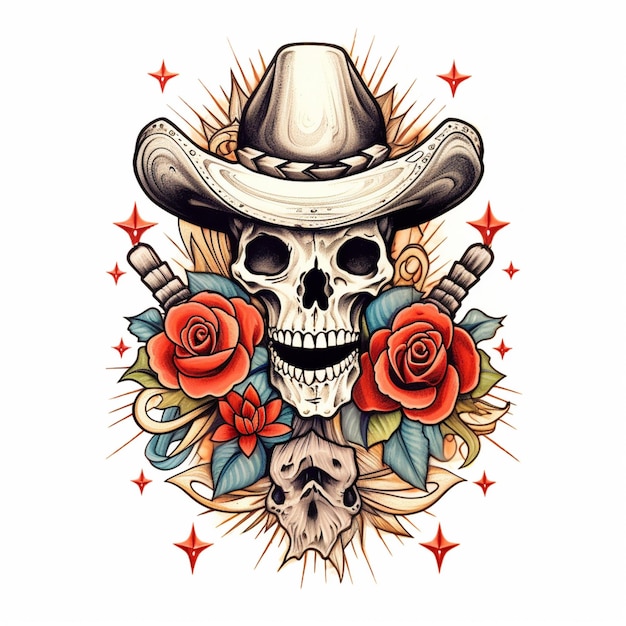 Foto teschio con cappello da cowboy e rose tatuaggio design generativo ai