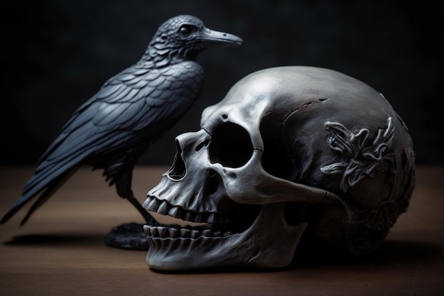 A skull with a crow on it and a bird on it