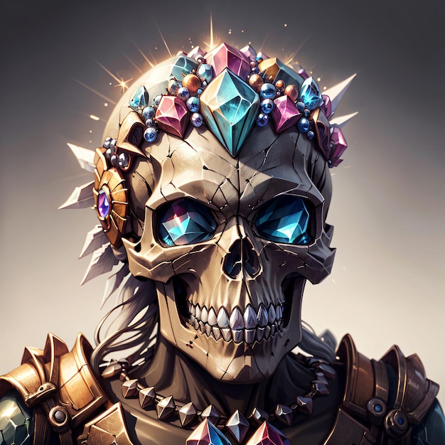 A skull with a crown and crystals on it