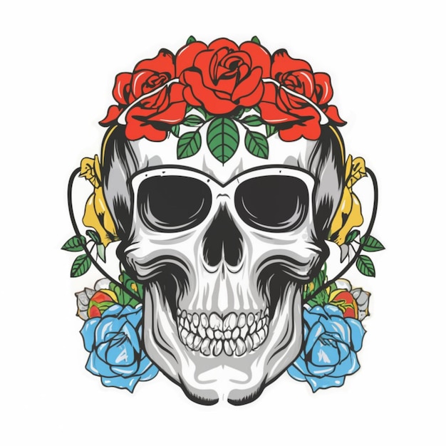 a skull with a crown and flowers on it