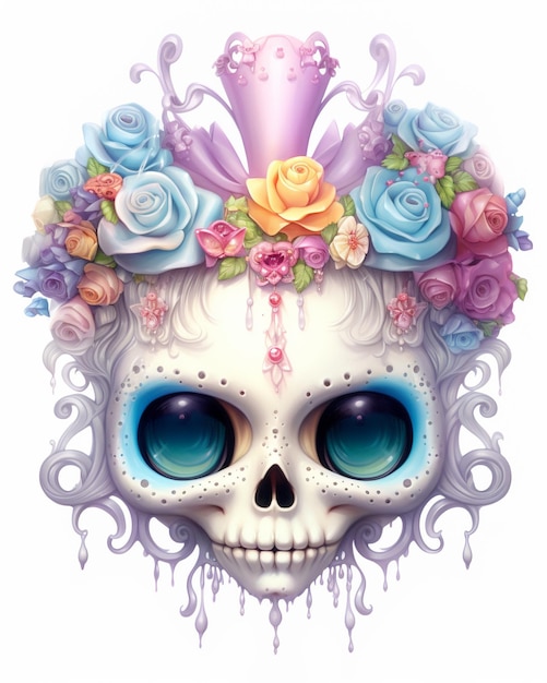 a skull with a crown and flowers on it