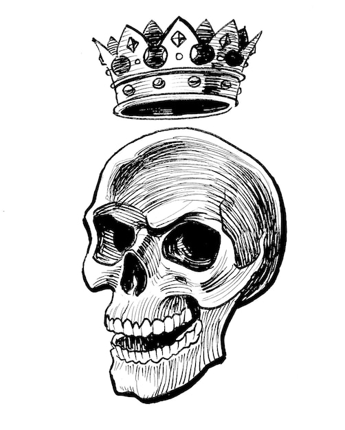 Skull with crown. Ink black and white drawing