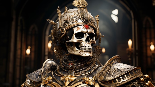 A skull with a crown with a sword
