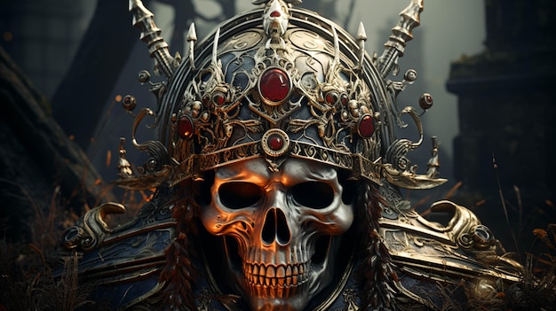 A skull with a crown with a sword