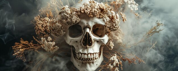 Photo skull with dried flowers