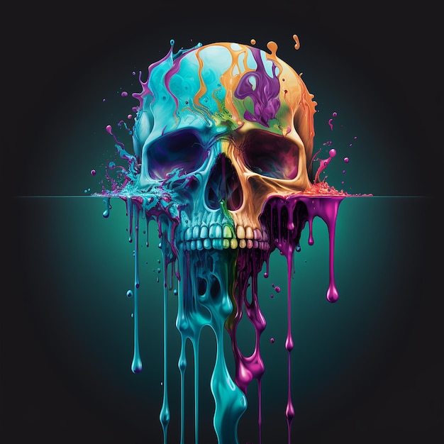 Skull with dripped paint of rainbow colors