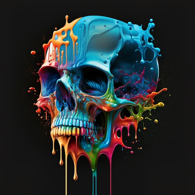 Photo skull with dripped paint of rainbow colors