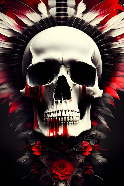 A skull with a feather and blood on it