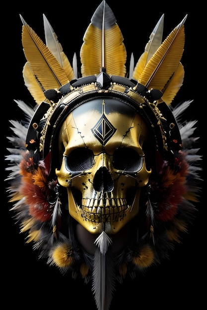 A skull with a feathered headdress and a yellow skull with a diamond pattern on it.