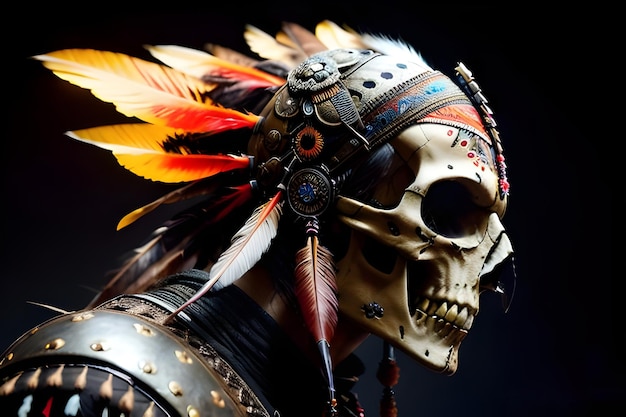 A skull with feathers and a feather on his head