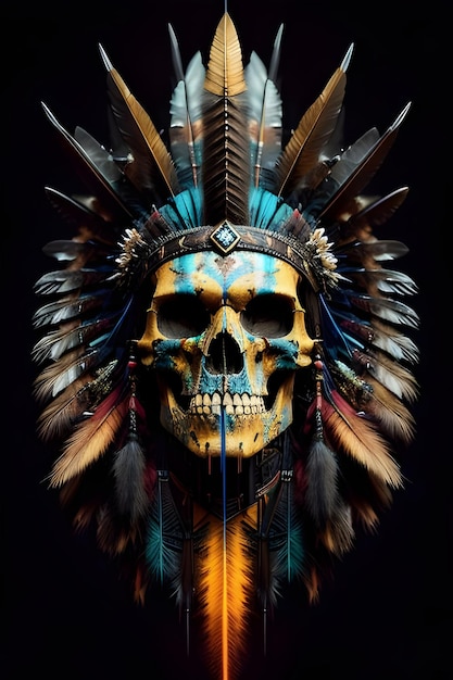 A skull with feathers and a feather on it