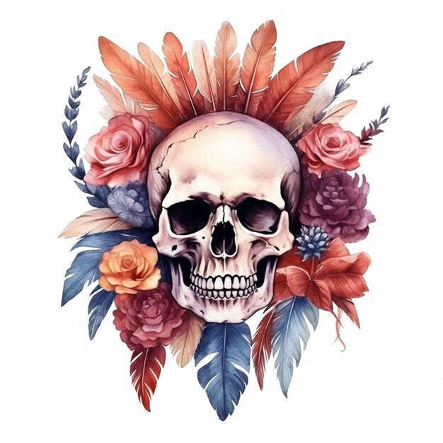 skull with feathers and flowers on white background generative ai
