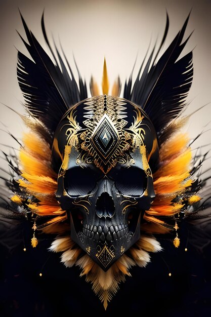 Skull with feathers and gold paint on the back