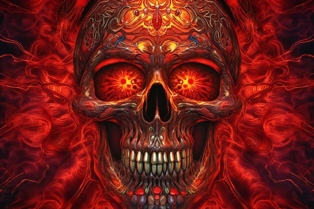 Skull with fire flames on a black background