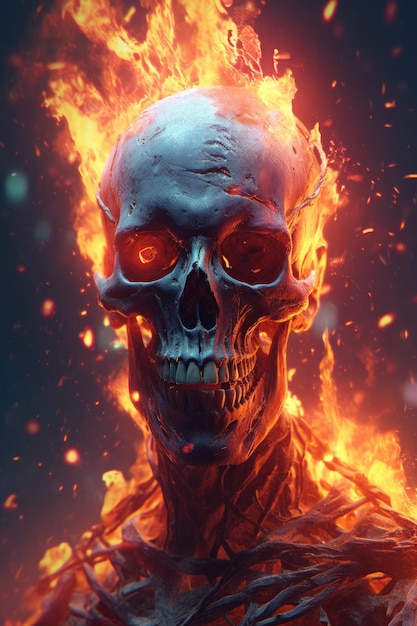 顔に火が付いた頭蓋骨が炎に囲まれています。