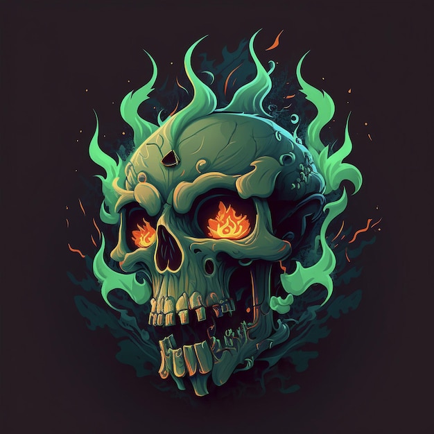 A skull with fire on it is drawn on a black background