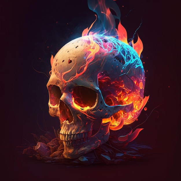 A skull with a fire on it that is lit up with flames.