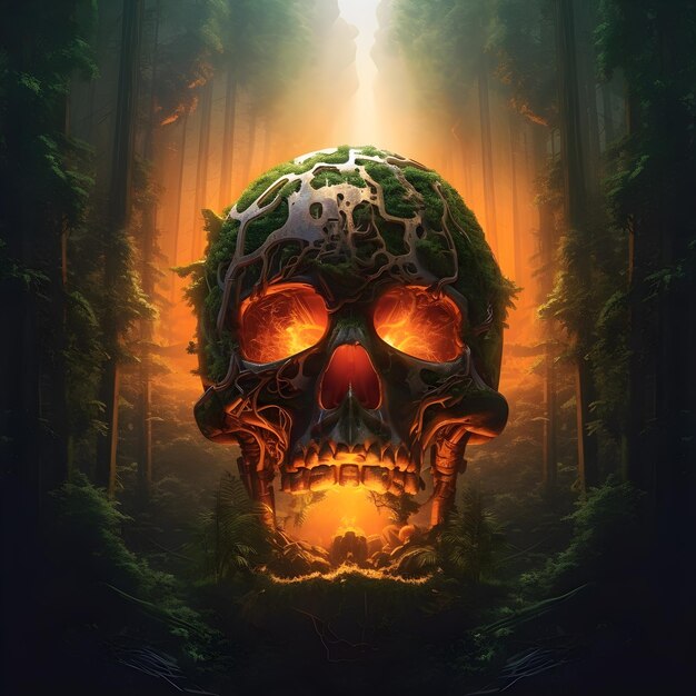 a skull with a fire in its eye in some dark woods