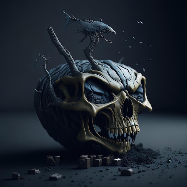 A skull with a fish on it and a black background.