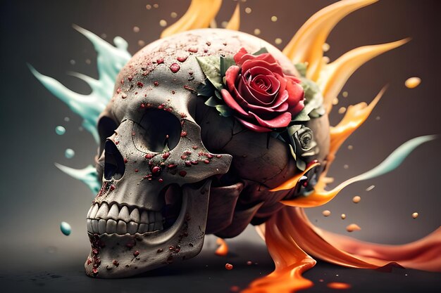 A skull with a flame and flowers on it