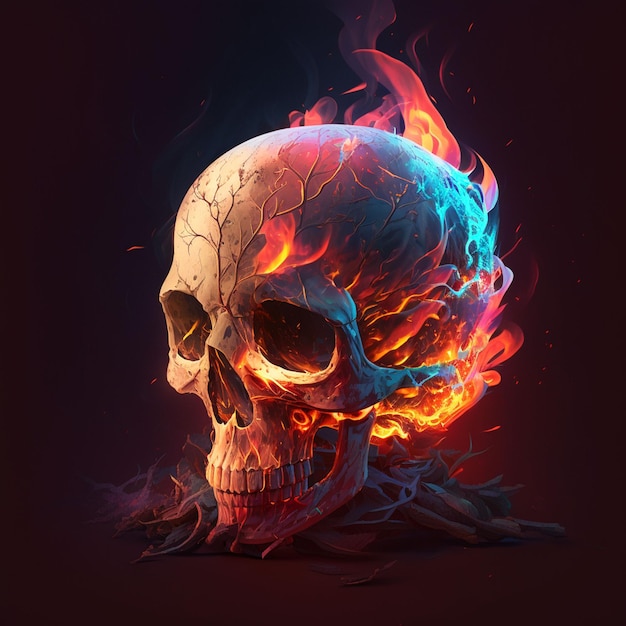A skull with a flame on it is shown with a black background.