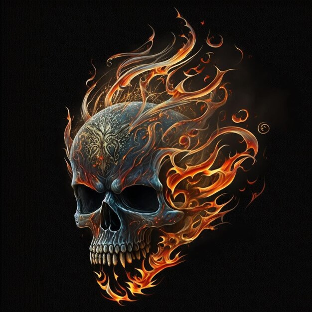 Photo skull with flames on black background generative ai