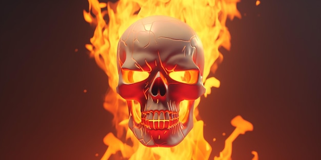 A skull with flames on it is burning in the dark.