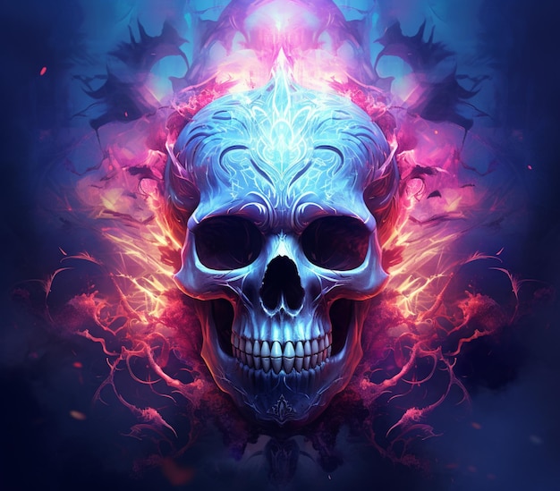 Skull with flames and leaves on its face on a dark background generative ai