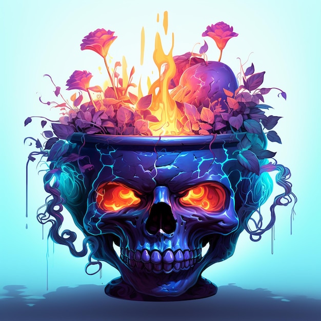 Skull with flames in a pot with flowers on it generative ai