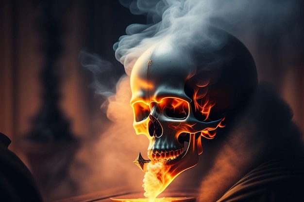 A skull with flames and smoke on it