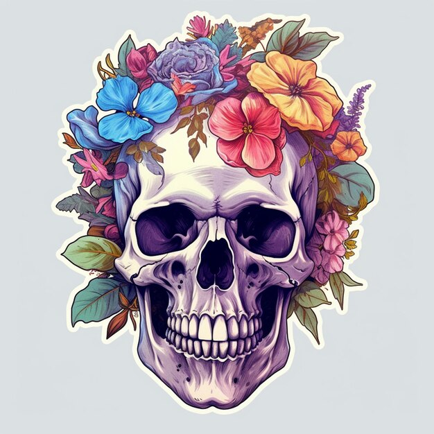 A skull with a floral crown on his head