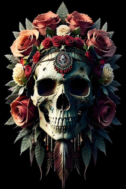 A skull with a floral crown and roses on it.