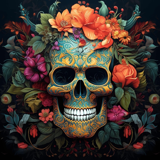 Skull with floral ornament on dark grunge background ai generated