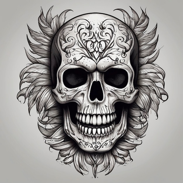 Foto teschio con ornamento floreale e illustrazione vettoriale per tatuaggio o design di maglietta