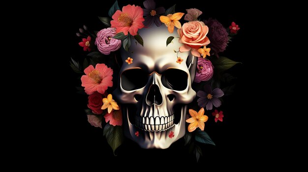 Skull with floral pattern on black background illustration