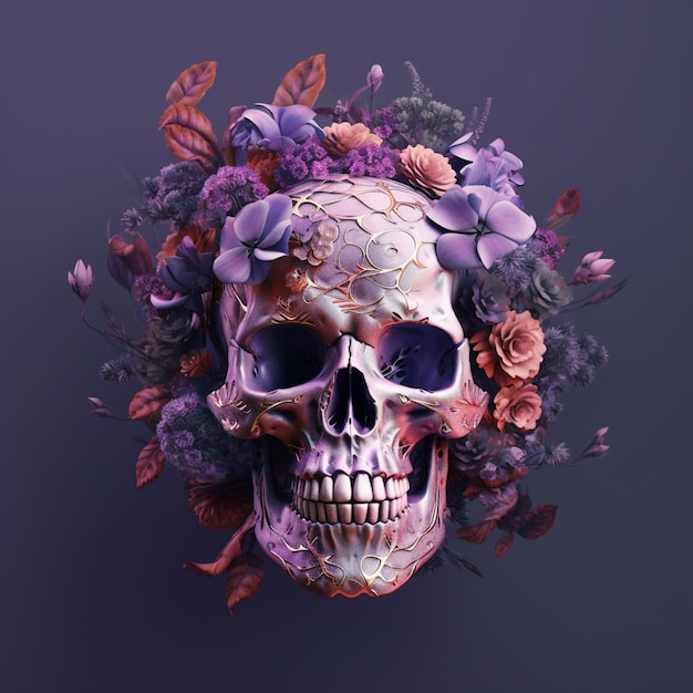 A skull with a flower crown and flowers on it