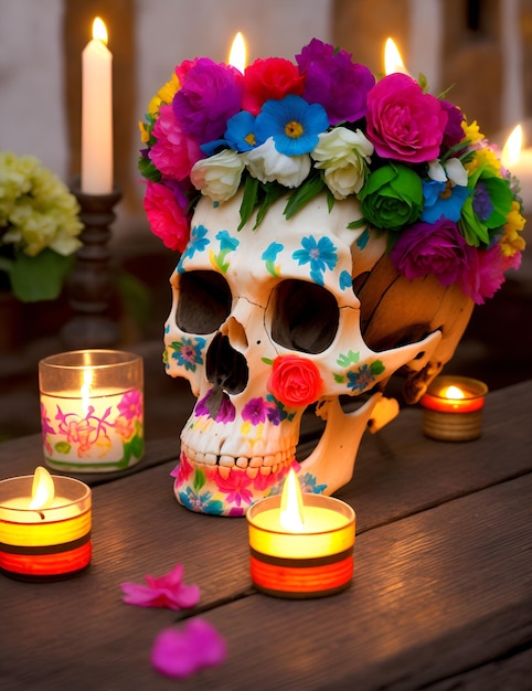 A skull with a flower crown on it and a candle on the table.