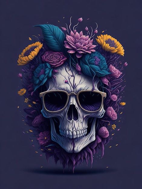 A skull with a flower crown and sunglasses.