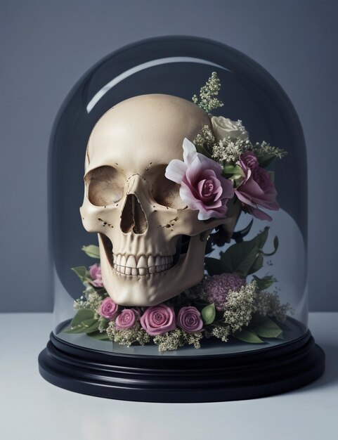 Skull with flower in glass display photography