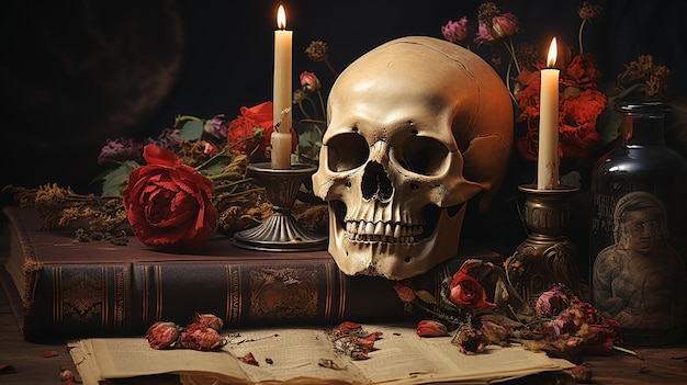 A skull with a flower on it and a candle on the table