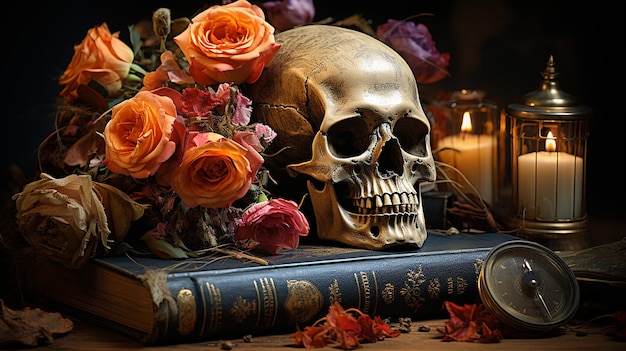 A skull with a flower on it and a candle on the table