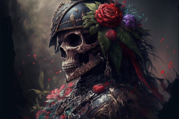 그 위에 꽃과 그 위에 두개골이 있는 두개골
