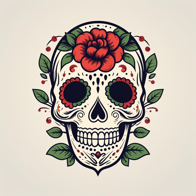 Photo skull with flower and leaves on it generative ai