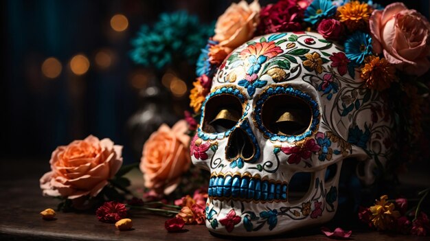 skull with flower Traditional day of the dead food concept