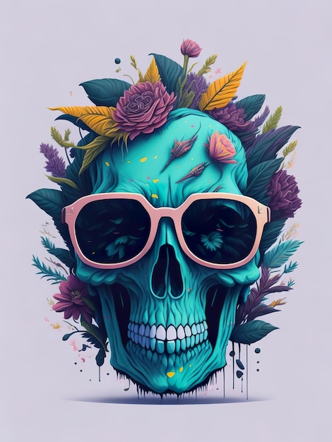 A skull with flowers and a blue skull on it