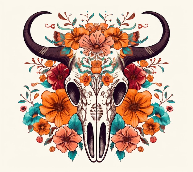 Photo a skull with flowers and a bull skull.