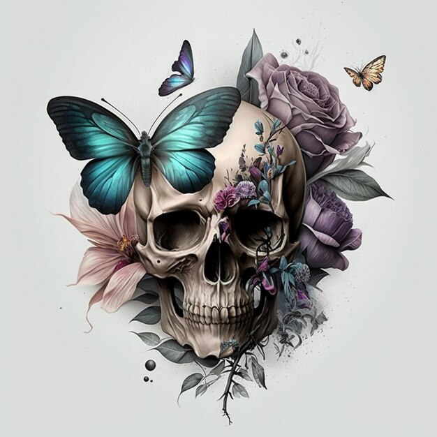 Photo skull with flowers and butterflies on a white background generative ai