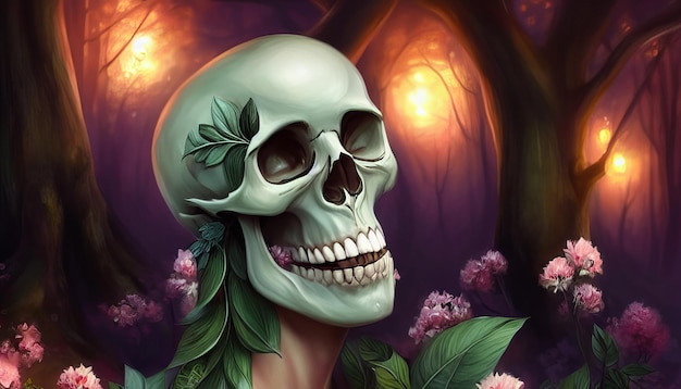 Skull with flowers cinematic creative background for day of the dead halloween