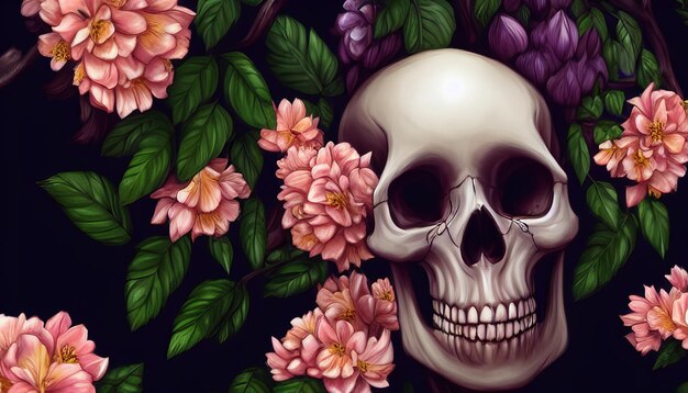 Skull with flowers cinematic creative background for day of the dead halloween